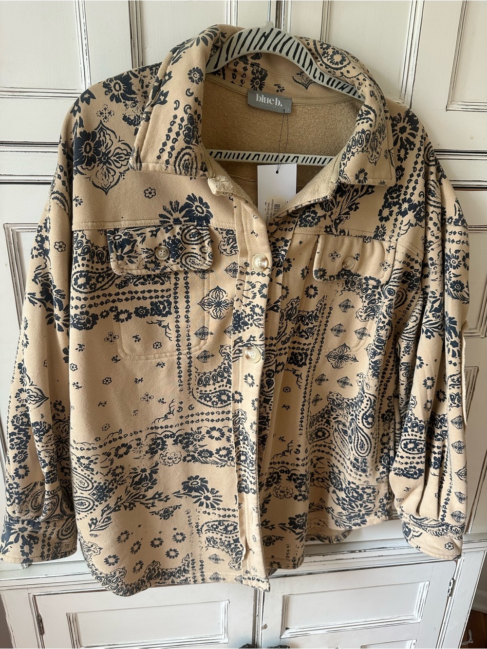 Blue B Beige and Black Bandana Print Button-Up Jacket